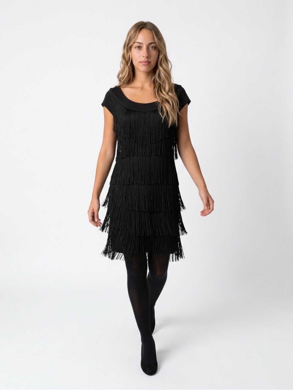 Donna Morgan Elegant Black Fringe Midi Dress